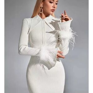 White Embellished Ruffled Knee-Length Dress